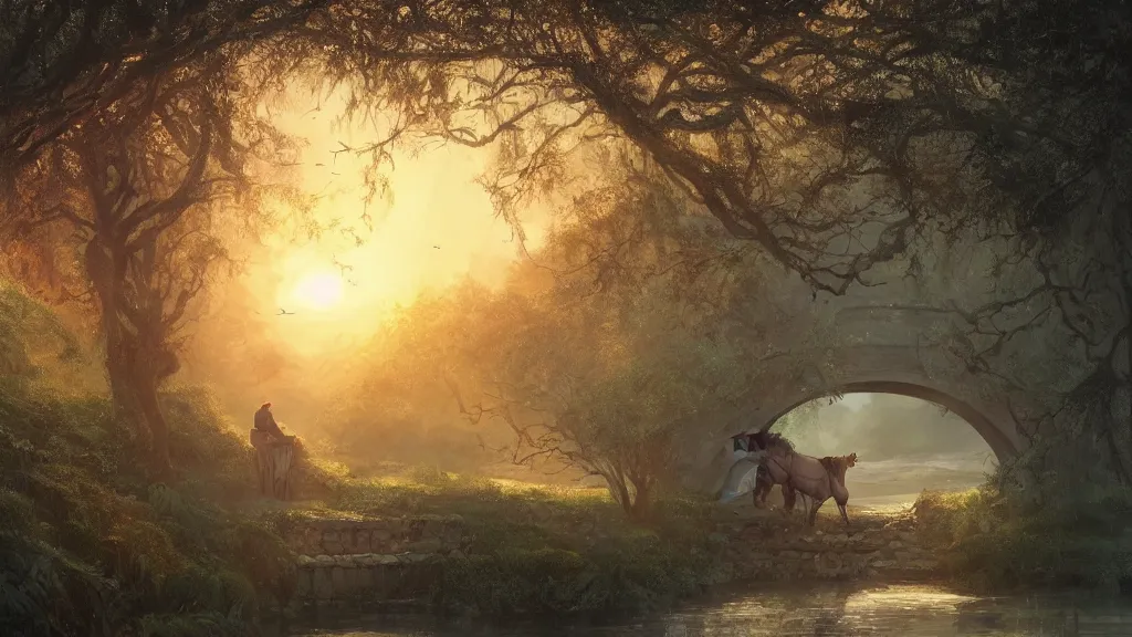 Prompt: over a tree wreathed with vines fly evening crows, under a small bridge near a cottage a stream flows, a lean horse goes on bridge, sunset, by charlie bowater, by greg rutkowski