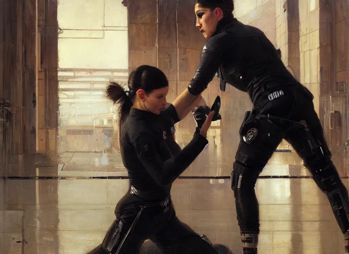 Image similar to Maria evades sgt Nash. Cyberpunk hacker in jumpsuit escaping menacing police troopers (blade runner 2049). beautiful face. jujitsu. Iranian orientalist portrait by john william waterhouse and Edwin Longsden Long and Theodore Ralli and Nasreddine Dinet, oil on canvas. Cinematic, hyper realism, realistic proportions, dramatic lighting, high detail 4k