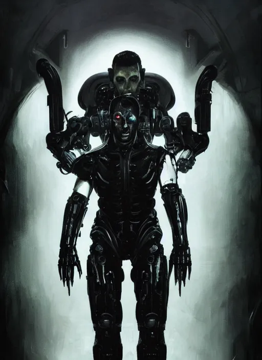 Image similar to marilyn manson as victor stone, full body concept, cyborg, borg, strogg, face of a man, terminator, flesh, quake strogg, doom demon, wolfenstein, monstrous, powerful, symmetry, symmetrical, concept art by ruan jia and greg rutkowski