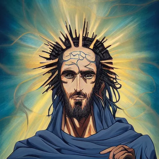 Image similar to the transfiguration of jesus christ in the style of jojo's bizarre adventure, an ultrafine detailed painting by james jean, behance contest winner