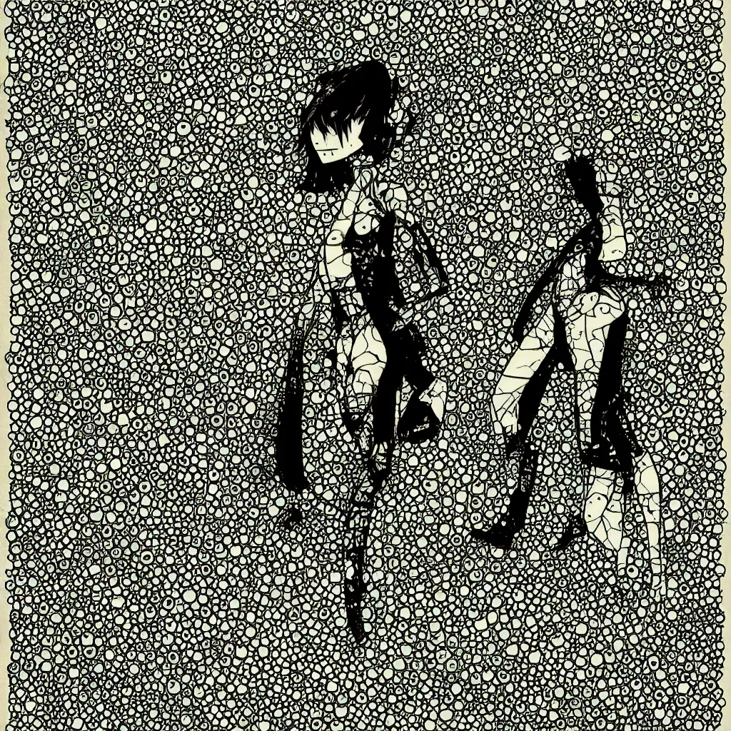 Image similar to woman, abstract, jet set radio artwork, ryuta ueda artwork, hylics artwork, ink, asymmetry, stipple, lines, stippling, crosshatching, linework, dark, ominous, eerie, hearts, minimal, points, technical, natsumi mukai artwrok, tight