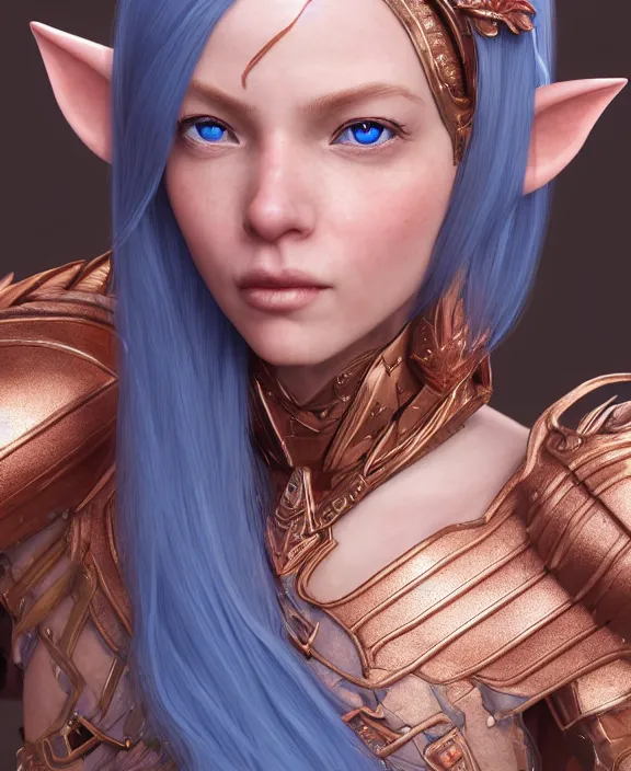 Image similar to a beautiful and highly detailed digital portrait of a dignified elf with long blue hair in rose gold armor by artgerm and nina tryggvadottir, centered, artsation contest winner, cgsociety, fantasy art, cryengine, concept art, photorealism, daz 3 d, sketchfab, zbrush, vray