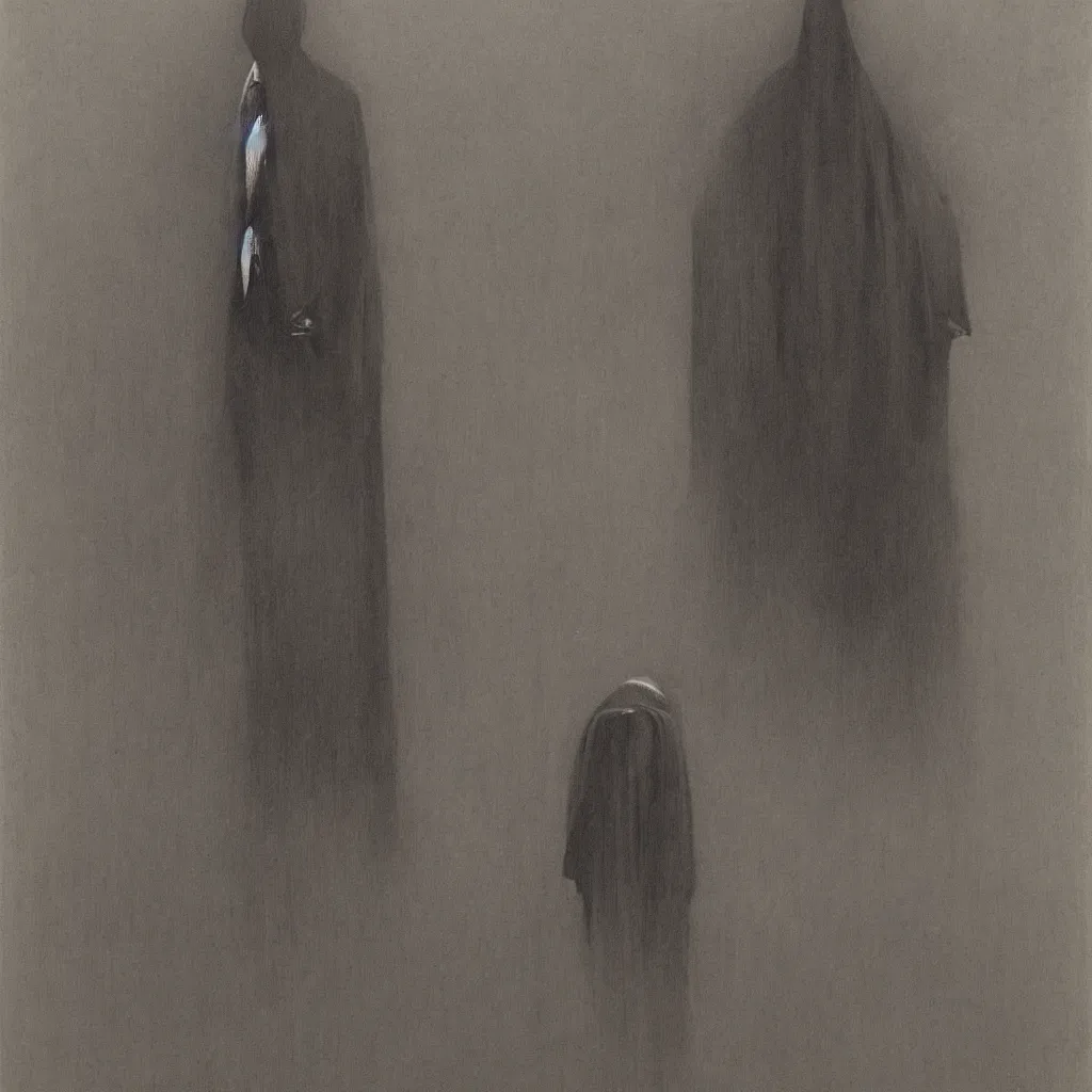 Prompt: Man in a business suit with a bag covering his head, by Zdzisław Beksiński