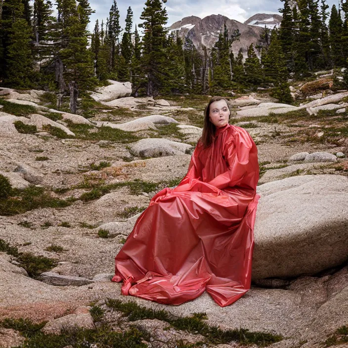 Image similar to a color photograph, closeup portrait of a woman wrapped in plastic, sitting on a throne, in rocky mountain national park in colorado, color photograph, by vincent desiderio, canon eos c 3 0 0, ƒ 1. 8, 3 5 mm, 8 k, medium - format print