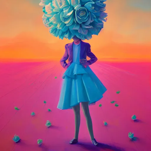 Image similar to portrait, giant rose flower head, girl dancing in a suit, surreal photography, sunrise, blue sky, dramatic light, impressionist painting, digital painting, artstation, simon stalenhag