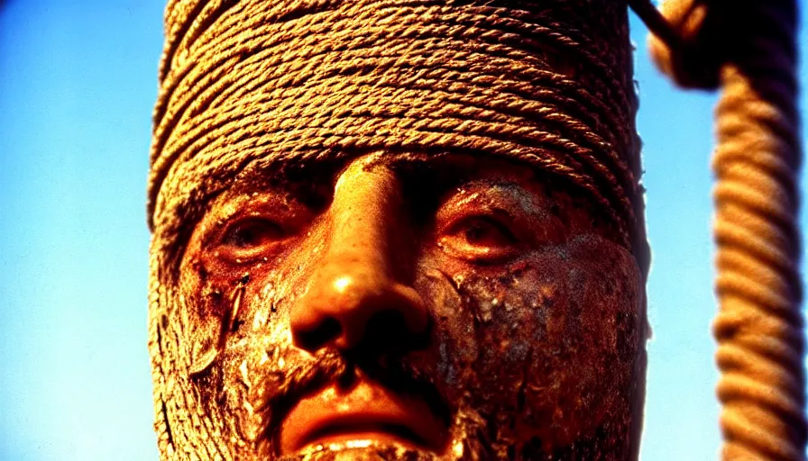 Prompt: 1 9 7 0 s movie still close - up of marcus atilius regulus'face tied with ropes at a pole with sewed eyes, forced - open eyes looking directly at the burning sun, his eyes are bleeding intense, cinestill 8 0 0 t 3 5 mm, high quality, heavy grain, high detail, texture, dramatic light