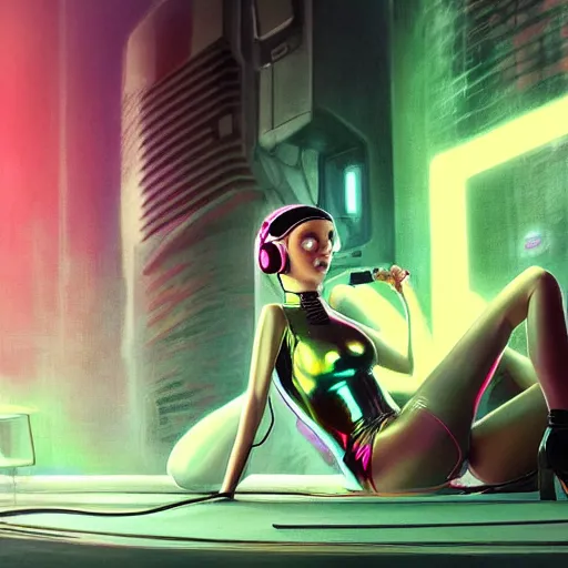 Image similar to beautiful cybergirl with the headset in the metallic costume sitting on the floor near a white cat in the neon room, blade runner movie, digital art, highly detailed