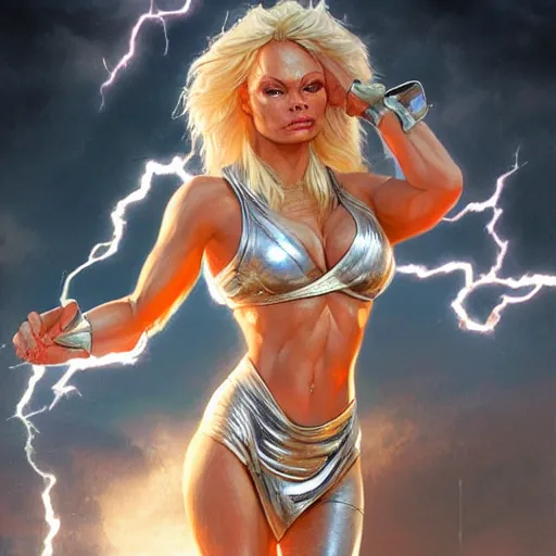 Image similar to pamela anderson as the greek god of lightning, highly detailed, by artgerm and greg rutkowski