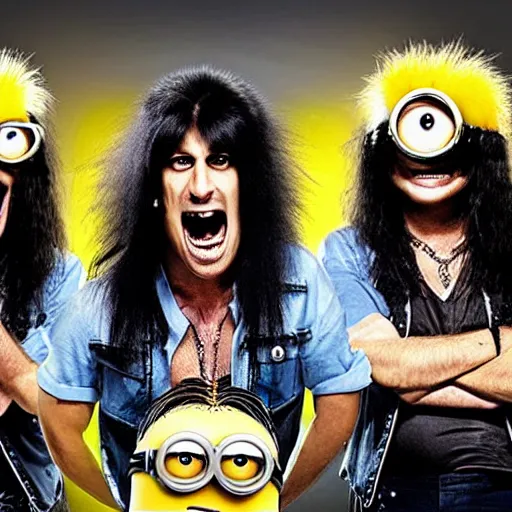 Image similar to minions as a heavy hair metal band from 8 0 s playing their concert on stadium