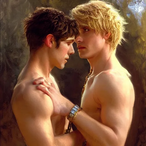 Image similar to attractive male, arthur pendragon who has blond hair confesses his love to attractive male, merlin who has dark hair. highly detailed painting by gaston bussiere, craig mullins, j. c. leyendecker 8 k