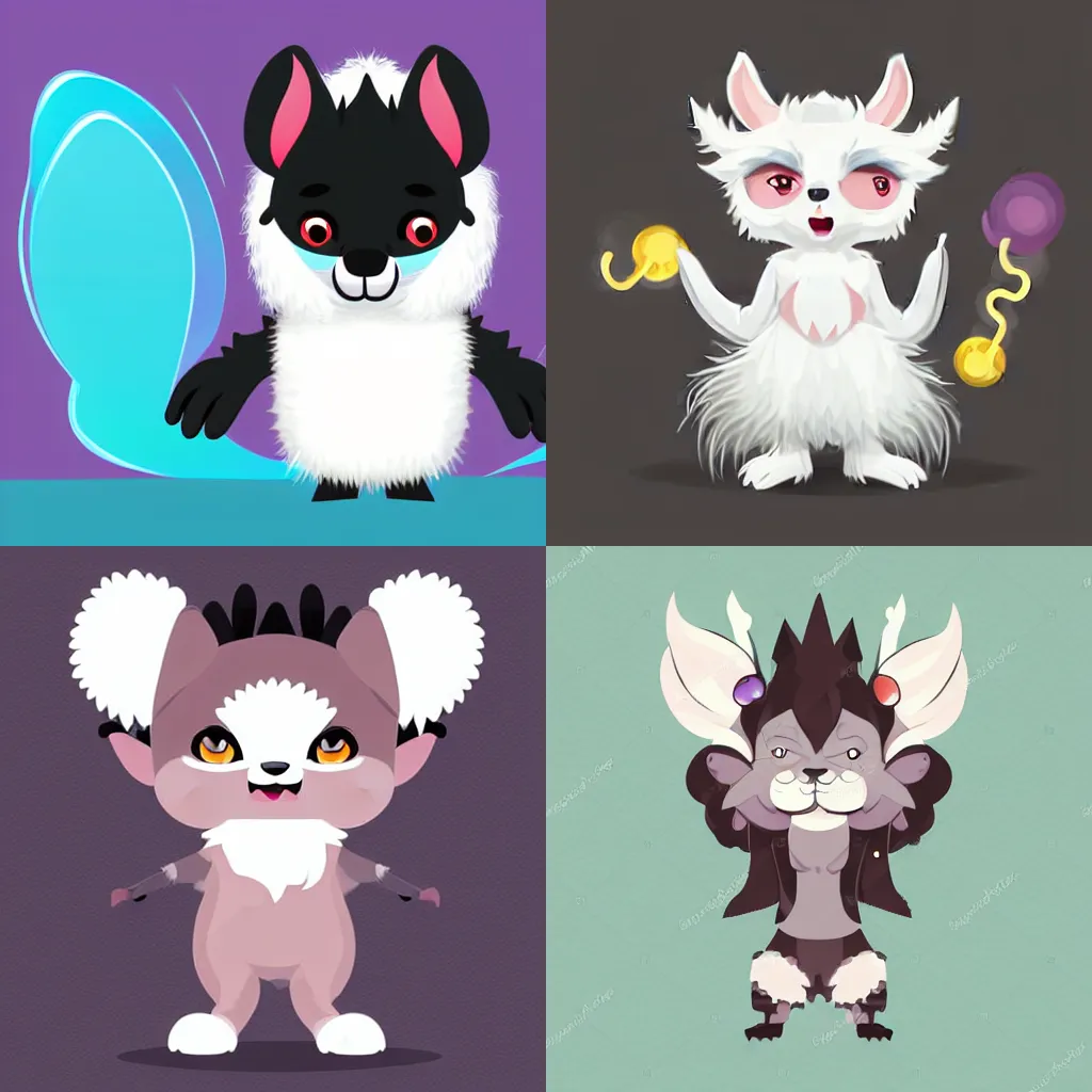 Prompt: sympathetic fantasy creature with fluffy white fur coat, drooping ears, and cute little horns. Vector art, svg. Cartoon character concept.