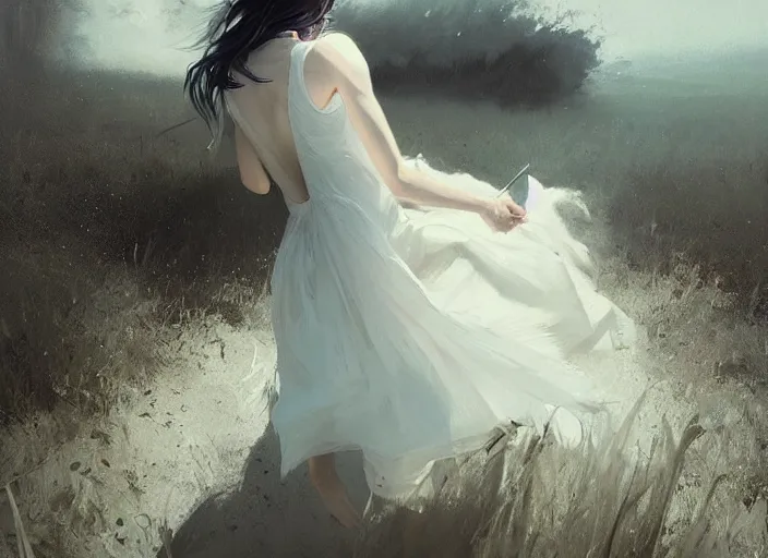 Prompt: white dress girl chasing from crazy grim reaper, messy hair, messy lines, scared face, beautiful and aesthetic and attractive, dramatic situation, specular reflection, occlusion shadow, intricate, bokeh, by ilya kuvshinov and jeremy lipking and quentin mabille