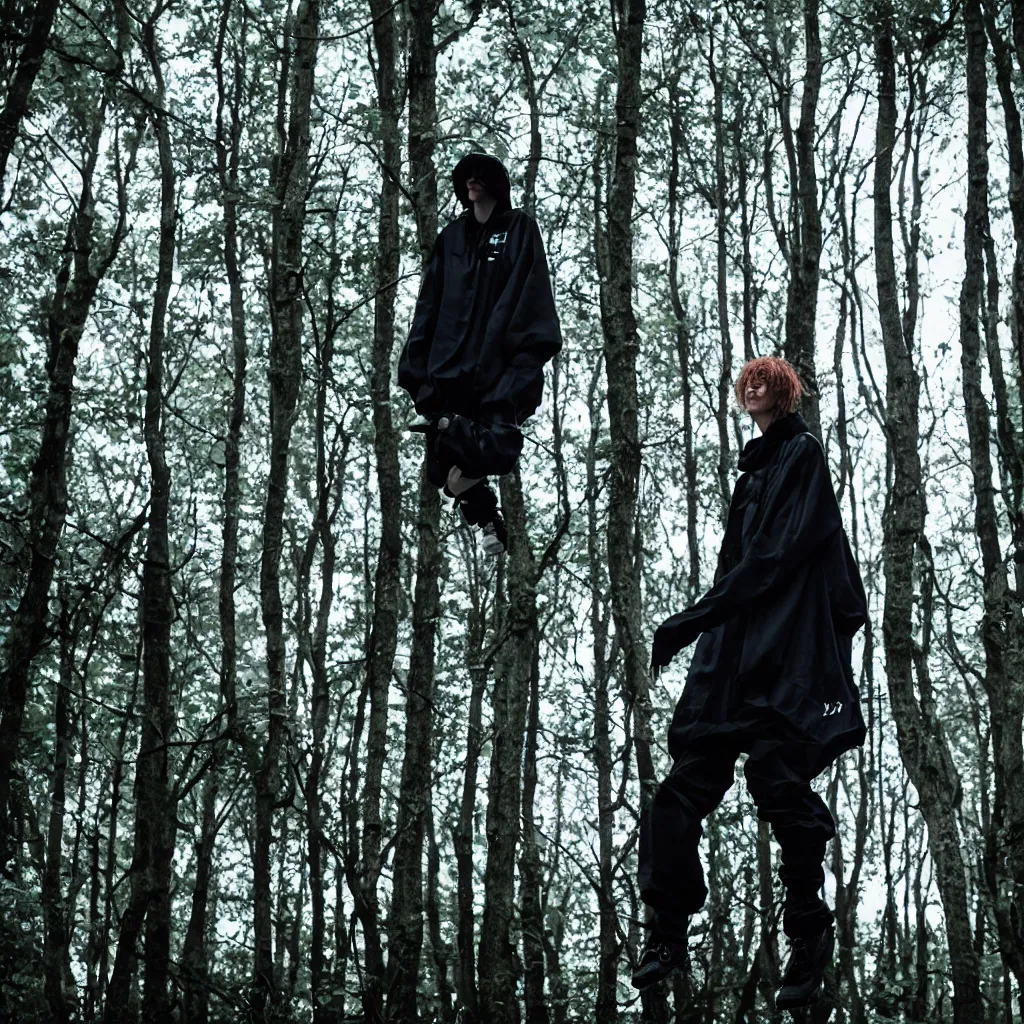 Image similar to cinematic still of bladee in dark forest, XF IQ4, f/1.4, ISO 200, 1/160s, 8K, RAW, dramatic lighting, symmetrical balance, in-frame