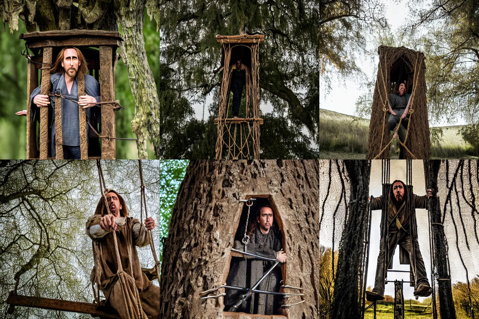 Prompt: Nicholas Cage imprisoned inside a medieval gibbet-cage (Willow movie), hanging from an oak tree XF IQ4, f/1.4, ISO 200, 1/160s, 8K, RAW, unedited, symmetrical balance, in-frame