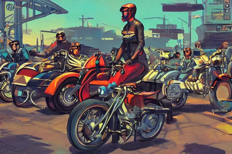 Prompt: motorcycles outside of bar roadside illustration by jack kirby in the style of syd mead artstation 4 k 8 k graphic novel concept art matte painting