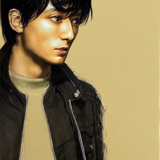 Image similar to portrait of a man by ayami kojima, he is about 3 0 years old, short black hair with bangs, his features are a mix between french, turkish and russian and he is wearing a beige and black utility jumpsuit, scifi, highly detailed portrait, digital painting, artstation, concept art, smooth, sharp foccus ilustration, artstation hq