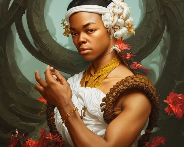 Image similar to photography of kehinde wiley, deep focus, d & d, fantasy, intricate, elegant, highly detailed, digital painting, artstation, concept art, matte, sharp focus, illustration, hearthstone, art by artgerm and greg rutkowski and alphonse mucha