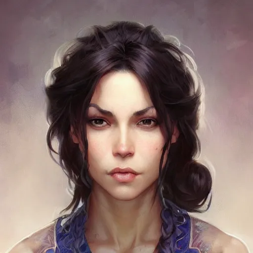 Image similar to beautiful, strong, mixed race, female, aged 4 0, face, head shot, fantasy, highly detailed, digital painting, artstation, concept art, smooth, sharp focus, illustration, art by artgerm and greg rutkowski and alphonse mucha