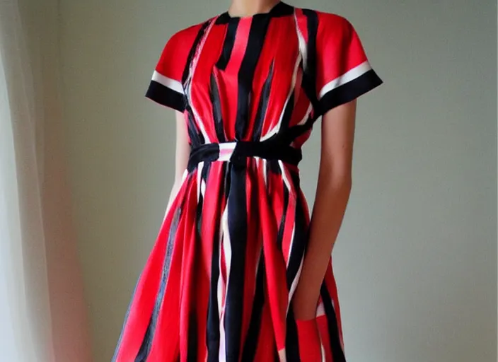 Image similar to “ silk dress, red stripes, black polka dots, model ”
