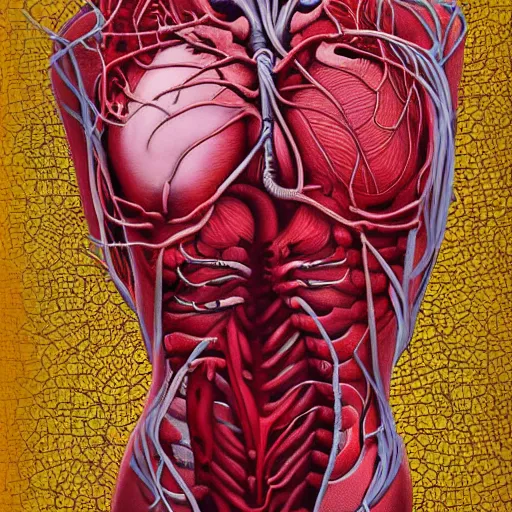 Prompt: scarlet artistic anatomical surreal portrait : my new body is smooth without and red within like a sweet fruit, my limbs are strong as cables, my senses are sharp, eternal youth