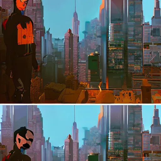 Prompt: damian wayne, city landscape, Gotham, artstation, highly detailed, by makoto shinkai and thomas kindle and James gilleard