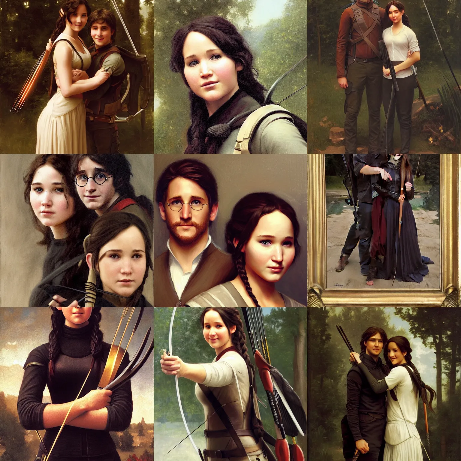 Prompt: Katniss Everdeen standing next to Harry Potter, both smiling for the camera, oil painting by Bouguereau, intricate, sharp focus, artstation