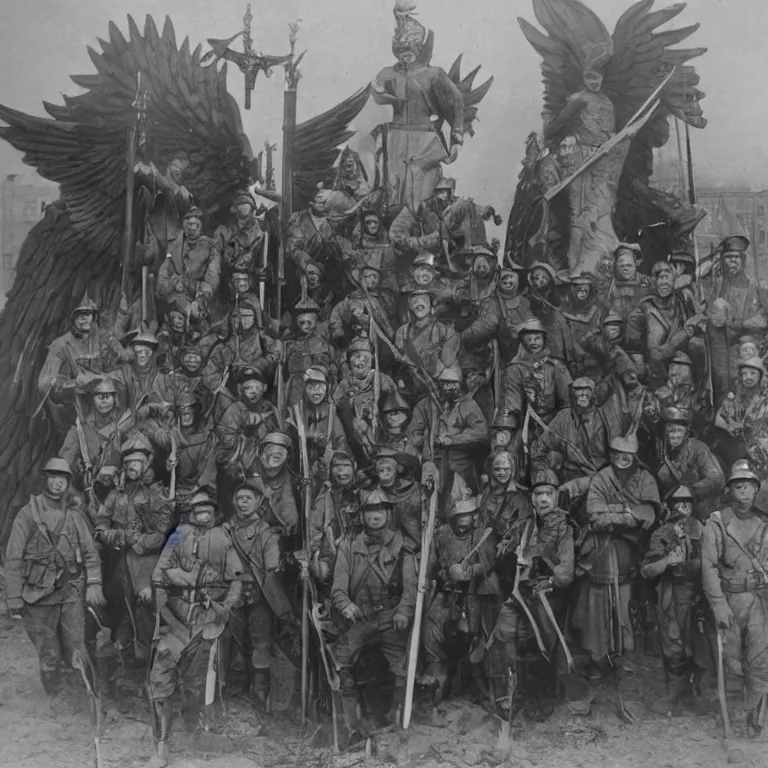 Image similar to US cavalry soldiers pose in front of an archangel as the the one with the flaming sword 1900.