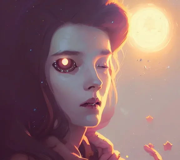 Image similar to portrait woman with stars in her eyes, fantasy, matte painting, illustration, hearthstone, by atey ghailan, by greg rutkowski, by greg tocchini, by james gilleard, by joe fenton, by kaethe butcher, dynamic lighting, gradient light blue, brown, blonde cream and white color scheme, grunge aesthetic