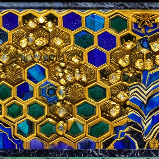 Prompt: an psychedelic intricately carved marble set with gold flourishes and diamonds of various colors in the form of hexagons against a blue ornate background