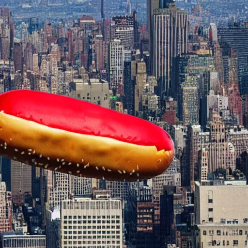 Prompt: a blimp in the shape of a burger flying over new york city