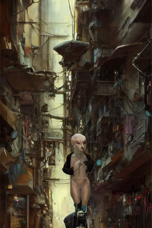 Image similar to a cyborg!! sphynx cat!!, in a cyberpunk alleyway by daniel gerhartz