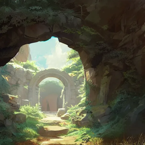 Image similar to concept art painting of an ancient ornate stone archway that is a portal to another world, in the woods, realistic, detailed, cel shaded, in the style of makoto shinkai and greg rutkowski and james gurney