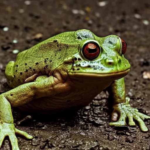 Image similar to mugshot of a human frog hybrid looking distressed into the camera