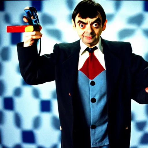 Image similar to mr. bean as austin powers. movie still. cinematic lighting.