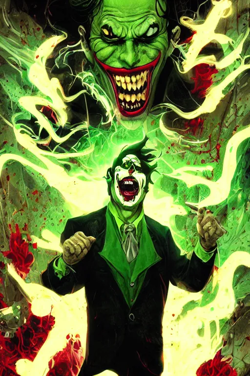 Image similar to angry joker, clenching teeth, with ghost smokes behind, green scary lights, illustration, jason fabok, jim lee, mark brooks, alex ross style, dark fantasy color scheme, cinematic, mysterious