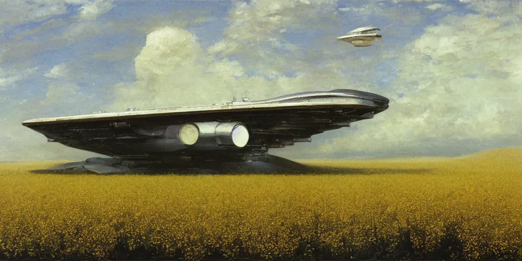 Prompt: Fernand Khnopff super technologies white giant spaceship starship battlestar airship superstructure deck, landed laying in center on tansy wormwood field, mountains afar by Fernand Khnopff by john berkey, oil painting, concept art