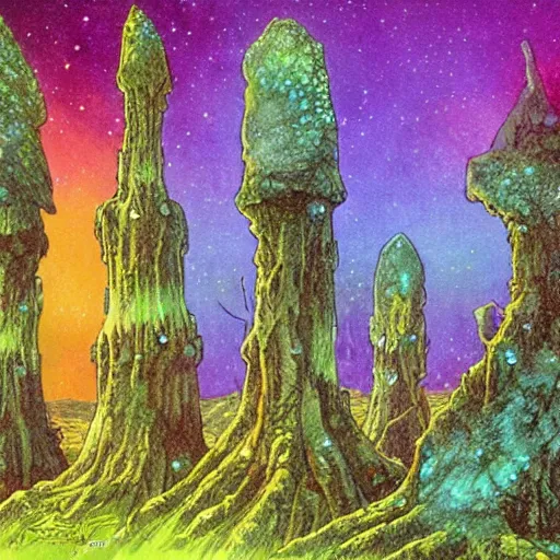 Image similar to an epic concept art, intricate coral, fungal gems, iridescent crystal monoliths, obelisks and an aurora borealis, mossy stumps, cell shading, by moebius, hiroshi yoshida, druillet, colorful, vivid colors