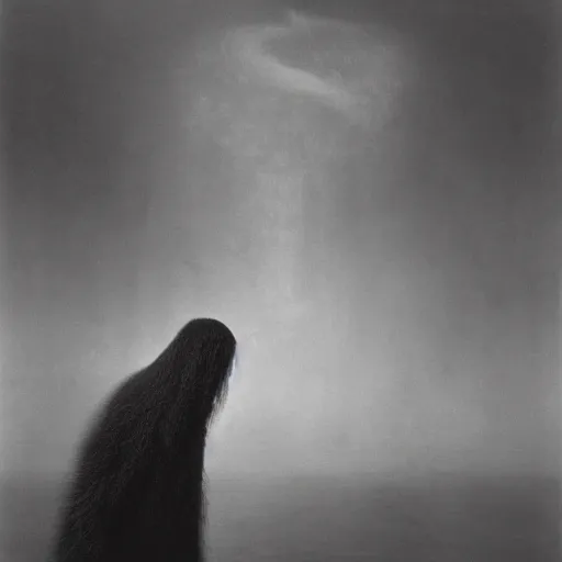 Image similar to vintage photography of realistic faceless beast-god with many long arms, a huge body covered with deep furs by Zdzisław Beksiński, odd eye, dark fantasy, fat, unbalanced , blur, haze, fog, vignetting, platinum printing