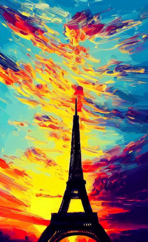 Prompt: a beautiful illustration of the eiffel tower at sunset, art of alena aenami, featured on artstation, vertical orientation, paint brush strokes, expressionism, brushstroke - laden, breathtaking clouds, birds, ocean, beautiful stars, long exposure, gigantic sun, airy theme, red purple gradient, lens flare