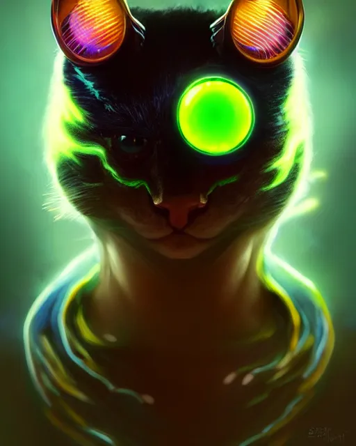 Image similar to one singular portrait of a bioluminescent cat creature with big glowing eyes, highly detailed, digital painting, cinematic, hyper realism, dark retrowave, art by Stanley Lau and Artgerm and magali villeneuve and Alphonse Mucha, artstation, octane render, cgsociety