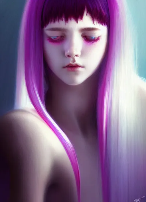 Image similar to hair whitebangs hair, black hair, whitebangs, portrait of teenage girl with white bangs, red irises, purple clothes, white bangs, bangs are different color from hair, intricate, elegant, glowing lights, highly detailed, digital painting, artstation, concept art, smooth, sharp focus, illustration, art by wlop, mars ravelo and greg rutkowski