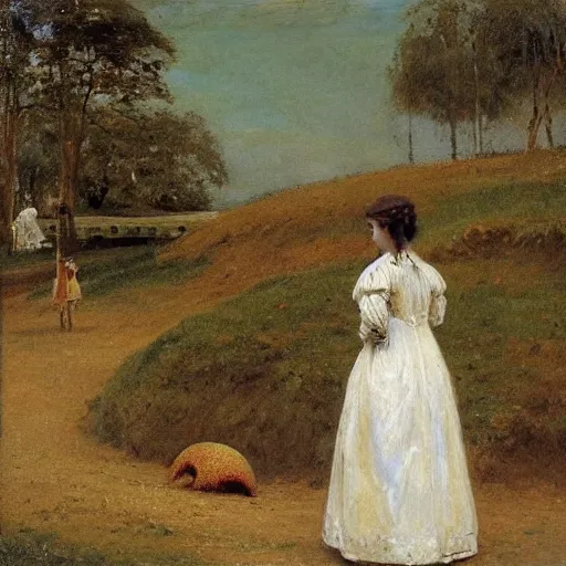 Image similar to young victorian lady in ball gown observing an anthill, painted by alfred stevens