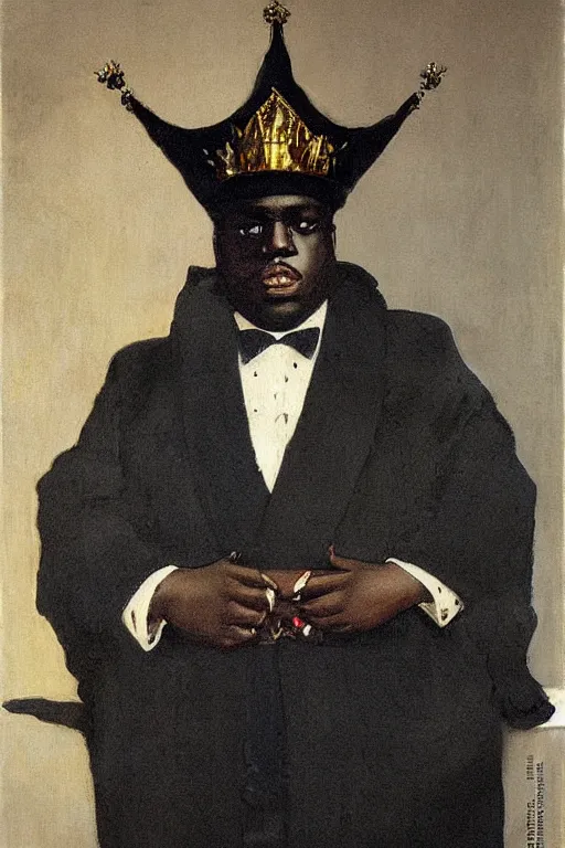 Prompt: portrait of biggie smalls with kings crown and royal outfit, modern, european, eclectic, illustration, by ramon casas