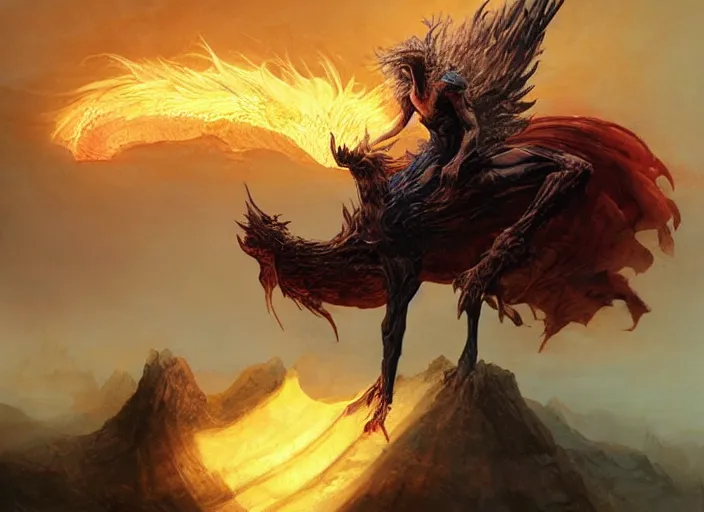 Image similar to nameless king riding a giant dark phoenix, storm king, beksinski, wayne barlowe, ruan jia, dark soul concept art