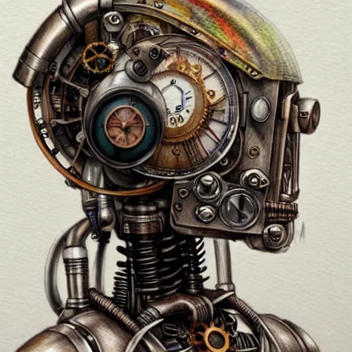 Image similar to hyper realistic pencil drawing of a steampunk robot , water color, full portrait, detailed, rim light, diffused, intricate, by anna dittmann,