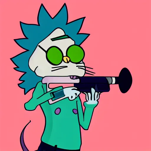 Image similar to a cat in the style of rick sanchez from rick and morty