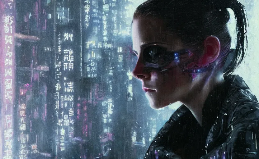 Prompt: detailed film still of portrait neon operator lady kristen stewart in the movie blade runner, messy ponytail, cyberpunk futuristic, neon, reflective puffy coat, decorated with traditional japanese by ismail inceoglu dragan bibin hans thoma greg rutkowski alexandros pyromallis nekro, illustrated, perfect face, fine details, realistic shaded, fine - face, pretty face