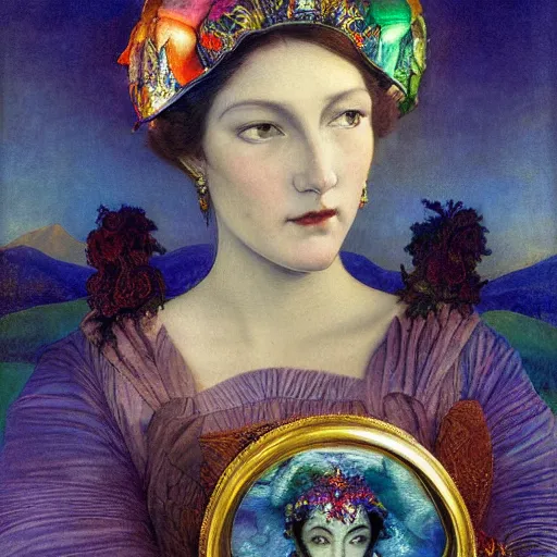 Prompt: queen of twilight with her lantern, by Annie Swynnerton and Diego Rivera and Tino Rodriguez and Maxfield Parrish, elaborate headdress and embroidered velvet, iridescent beetles, rich color, dramatic cinematic lighting, extremely detailed