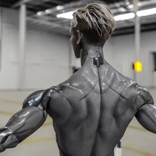 Prompt: a realistic detailed photo of a guy who is an attractive humanoid who is half robot and half humanoid, who is a male android, soccer players martin ødegaard, shiny skin, posing like a statue, blank stare, in a factory, on display, showing off his muscles, gold soccer shorts, back view