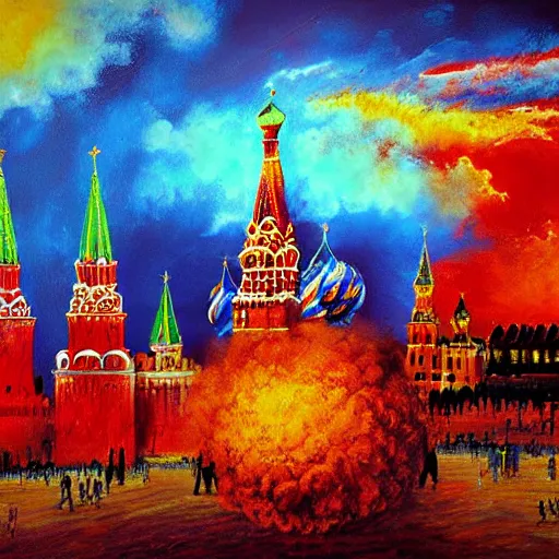 Image similar to huge nuclear explosion, red square moscow, nuclear explosion wave, photorealistic, detailed, masterpiece